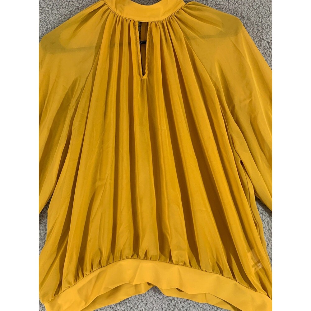 Yellow Pleated Mock Neck Blouse Long Adjustable Ribbon Sleeve Size (M) Medium - Picture 2 of 12